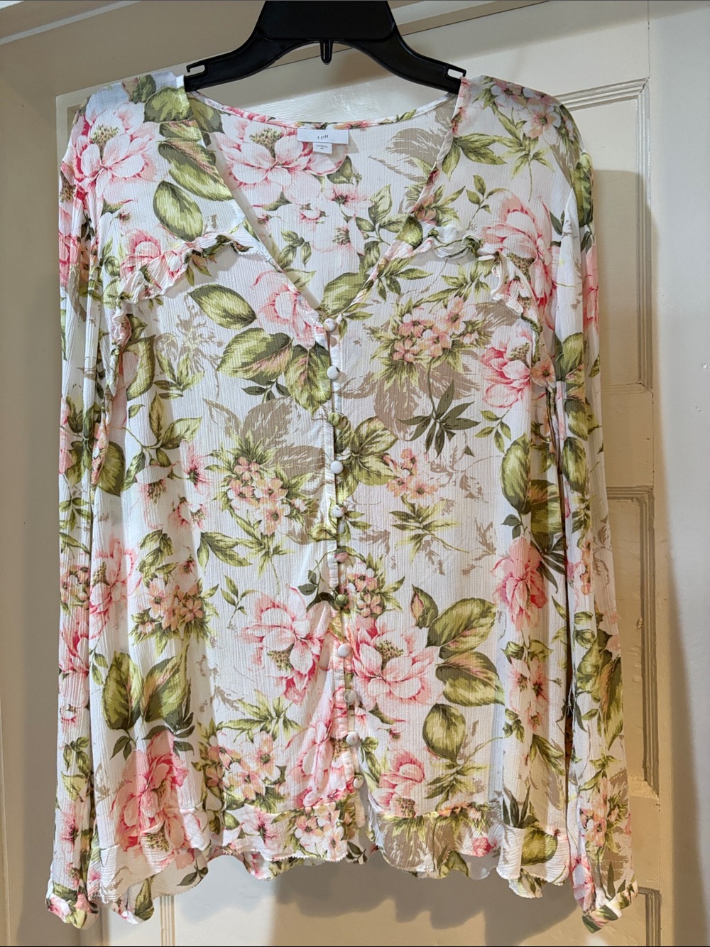 J Jill Floral  Button-Front Blouse - Pink & Green XL
